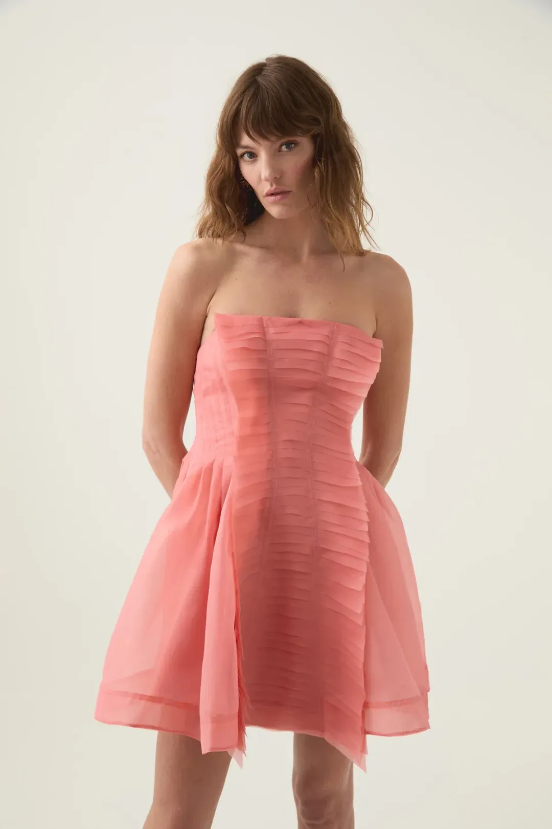 Aje Astrid Strapless Mini Dress Washed Coral Size AU 6  for rent on The Volte - main image
