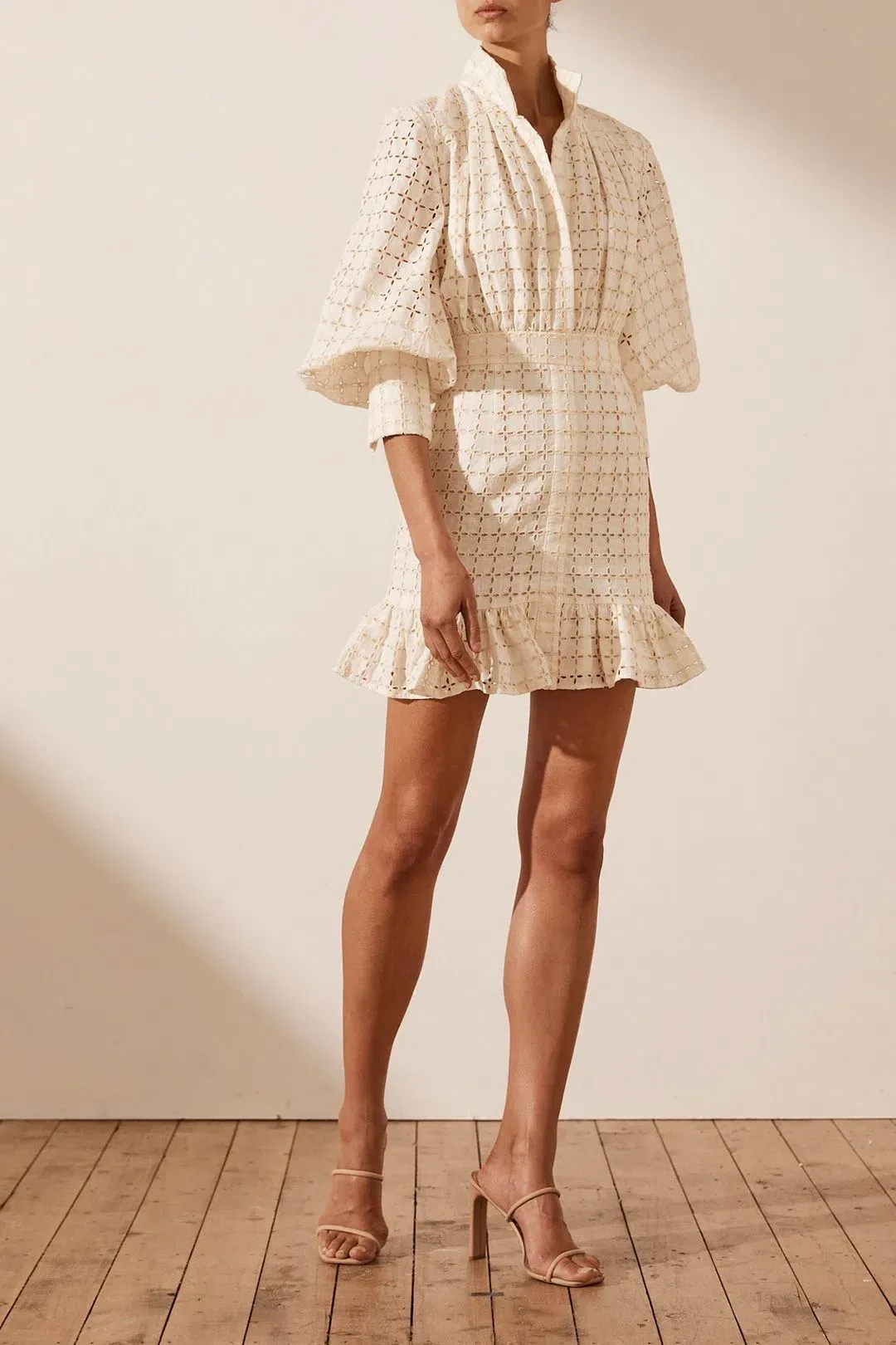 Shona Joy Penelope Linen Balloon Sleeve Mini Dress Ivory Size AU 10 / US 6 for rent on The Volte - main image