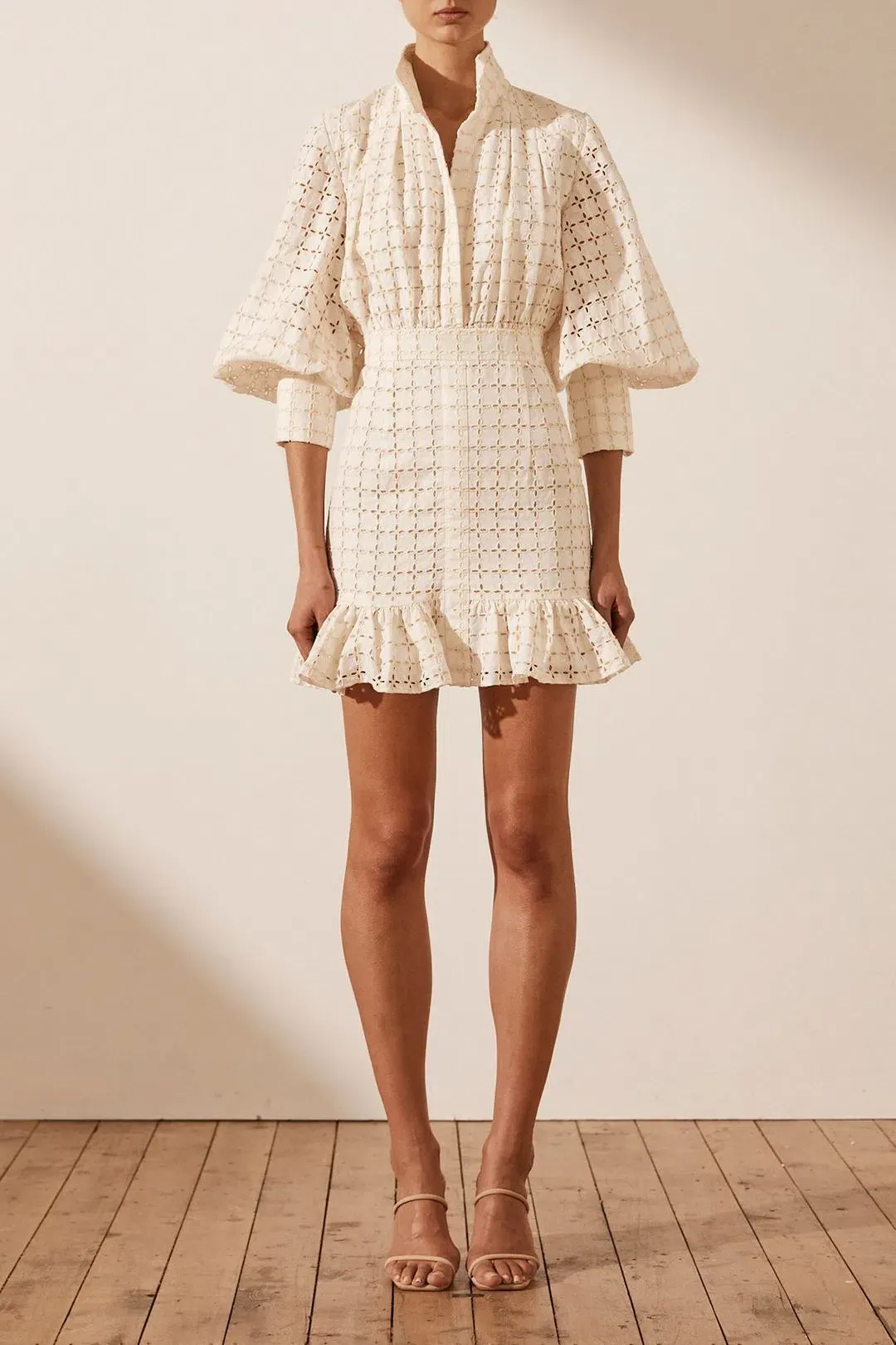 Shona Joy Penelope Linen Balloon Sleeve Mini Dress Ivory Size AU 10 / US 6 for rent on The Volte - main image
