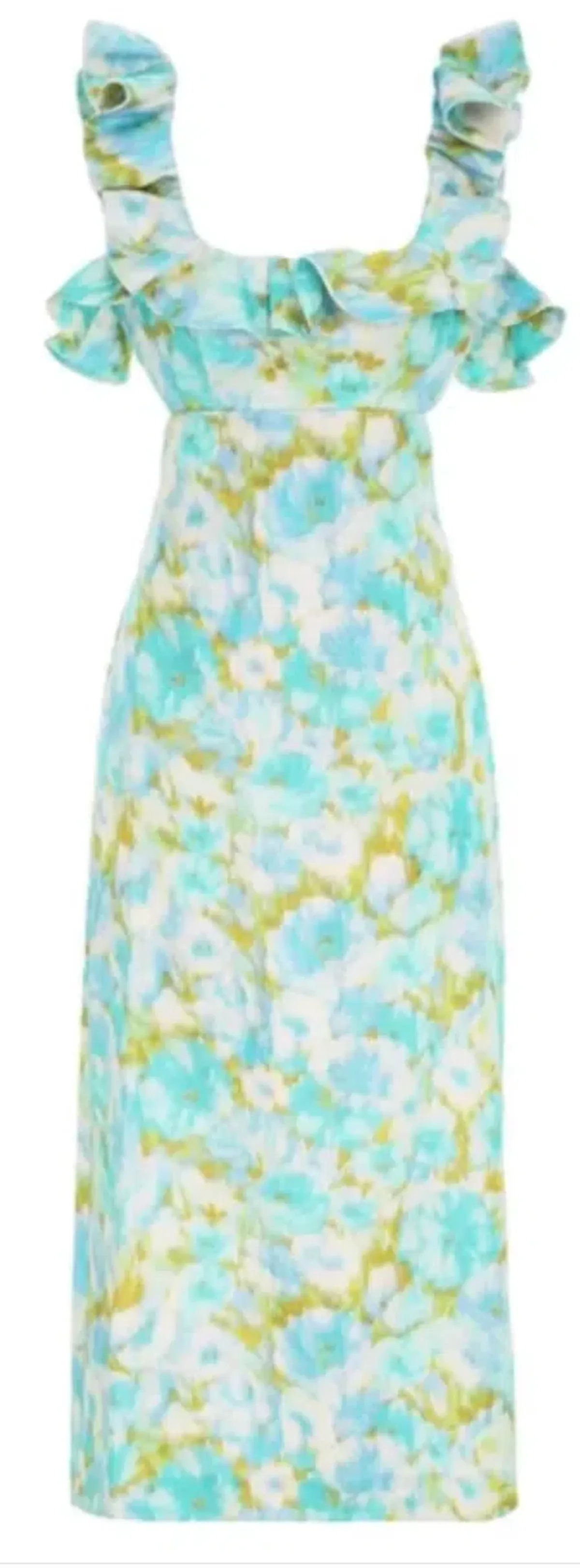 Zimmermann High Tide Frilled Ruffle Midi Dress Aqua Ikat Floral Size 3 / 14 AU - Image 5