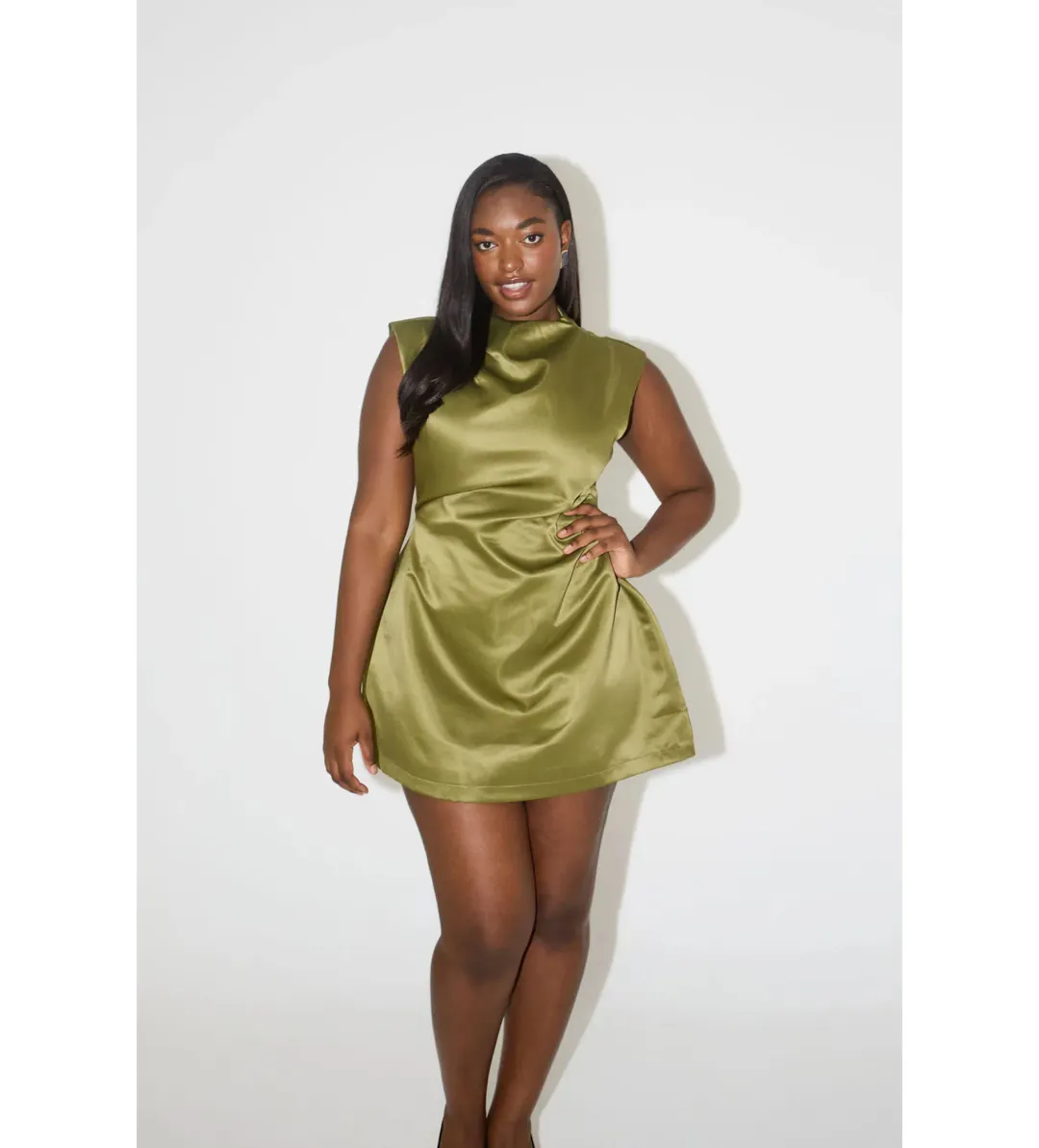 Odd Muse The Ultimate Muse Satin Straight Neck Mini Dress in Olive Size M / AU 10 for rent on The Volte - main image