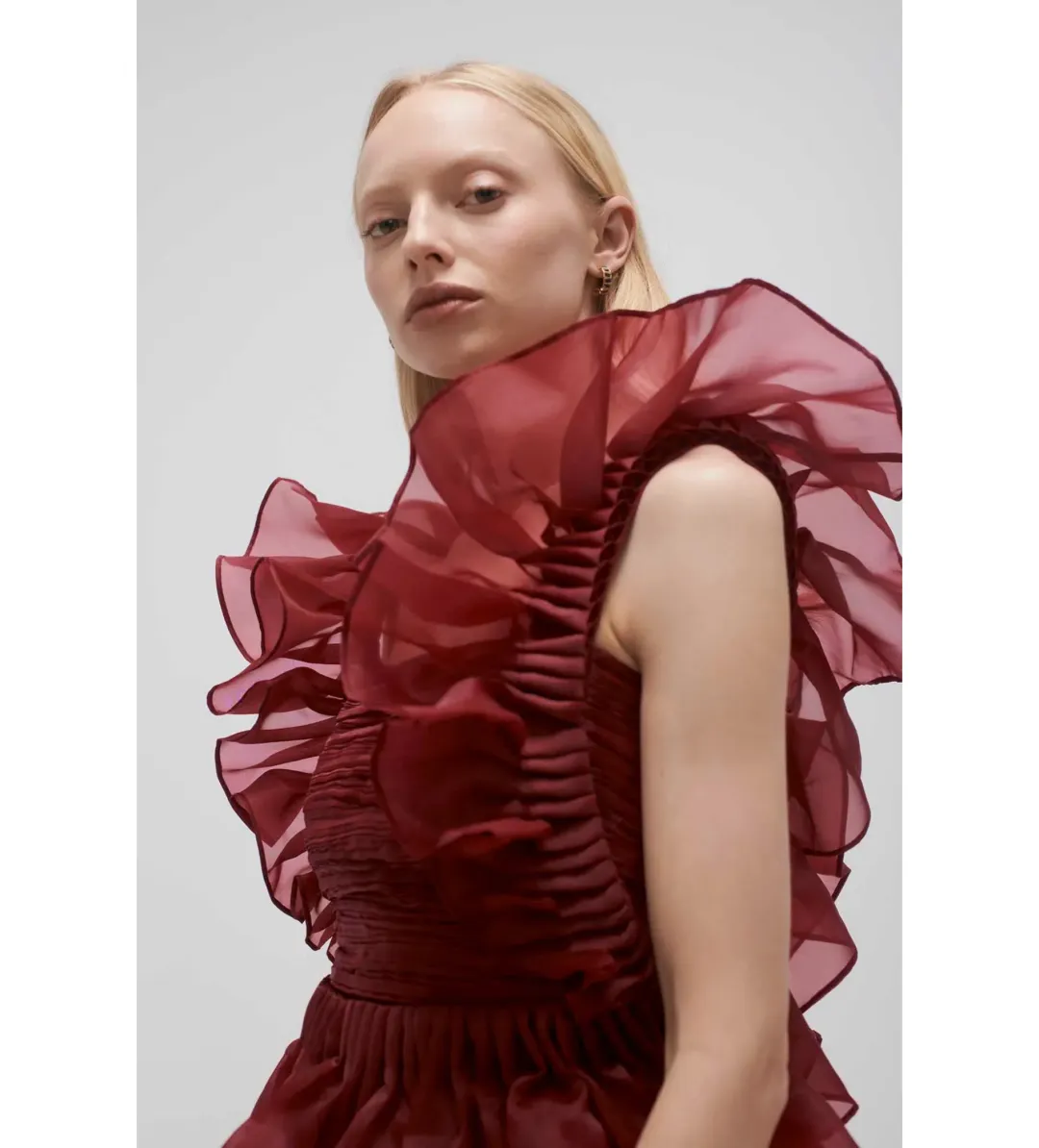 Aje Asra Pleated Frill Midi Dress Mahogany Red Size AU 8 for rent on The Volte - main image