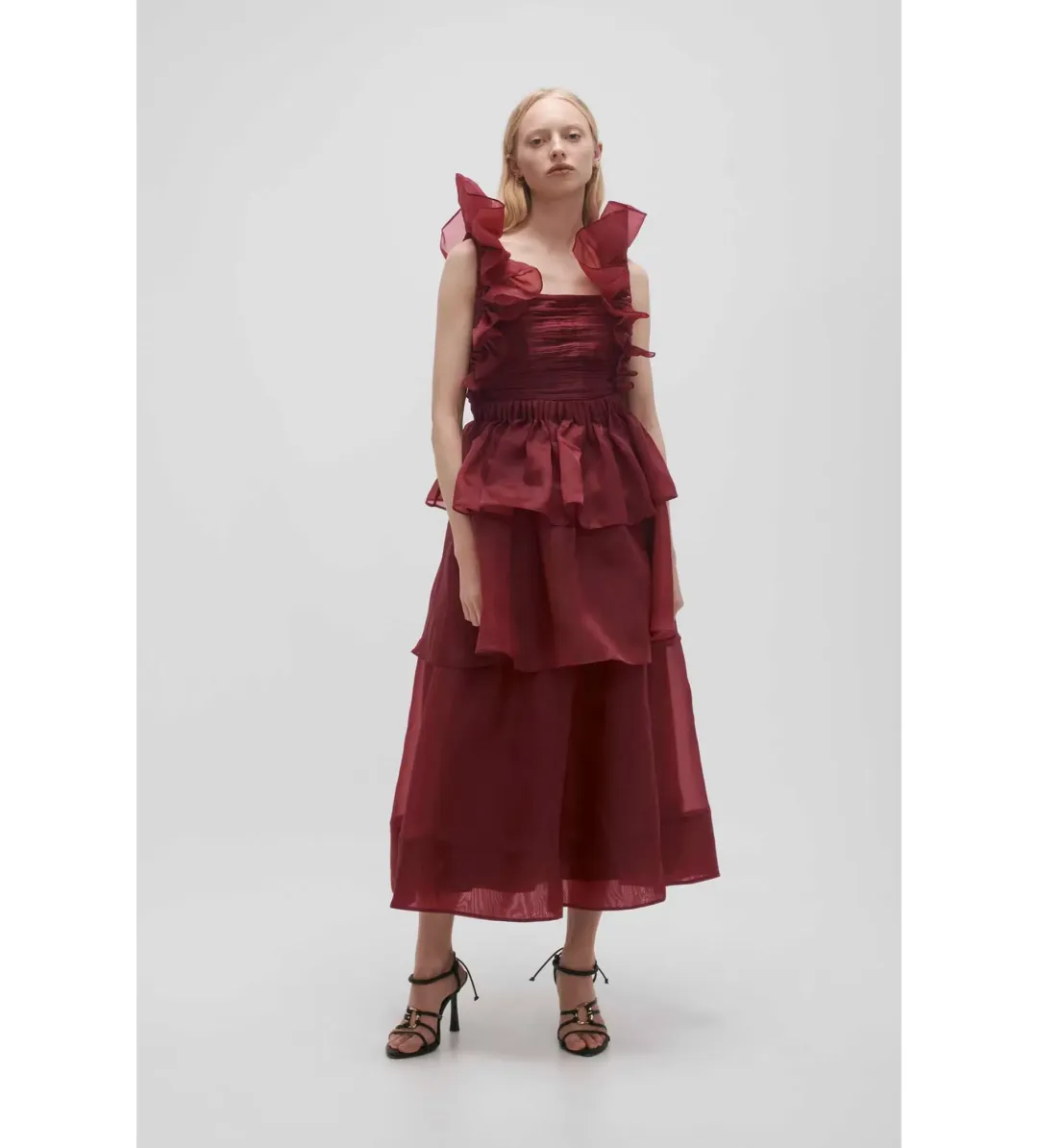 Aje Asra Pleated Frill Midi Dress Mahogany Red Size AU 8 for rent on The Volte - main image