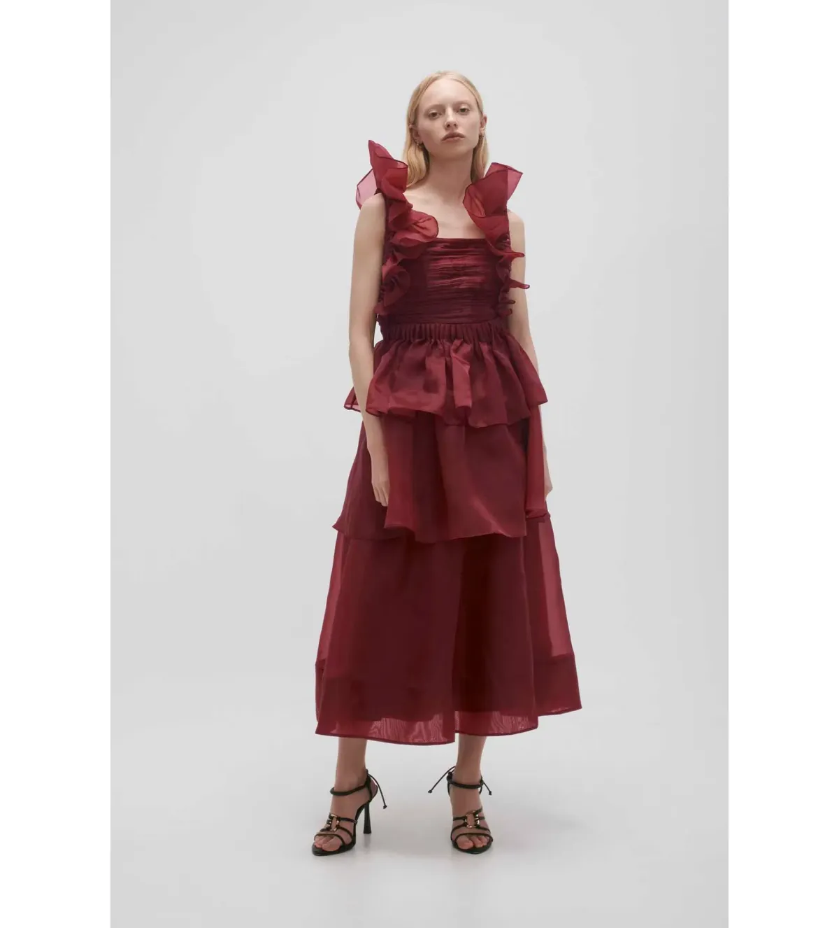 Aje Asra Pleated Frill Midi Dress Mahogany Red Size AU 8 - Image 2