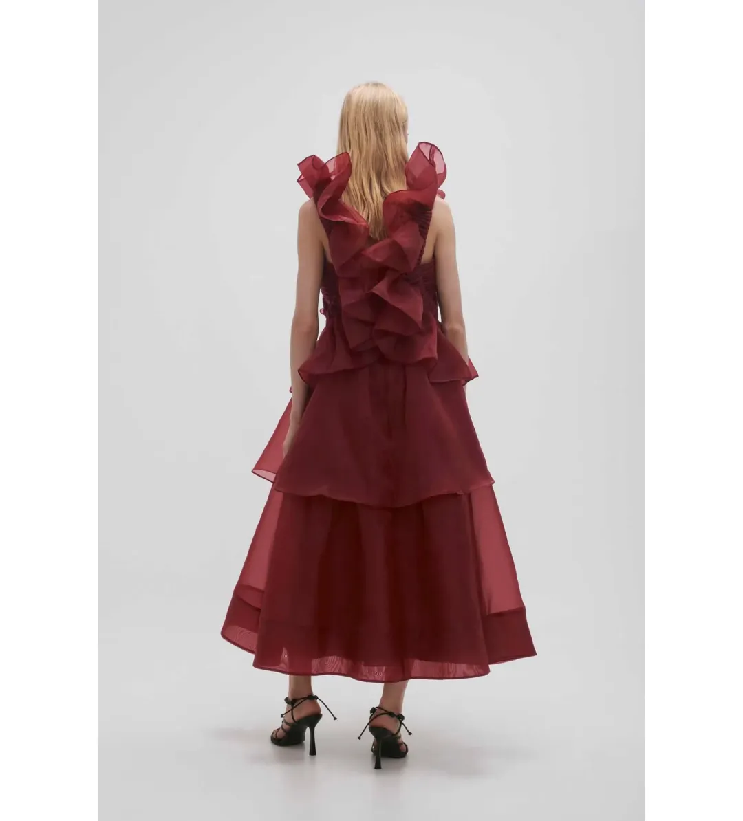 Aje Asra Pleated Frill Midi Dress Mahogany Red Size AU 8 for rent on The Volte - main image