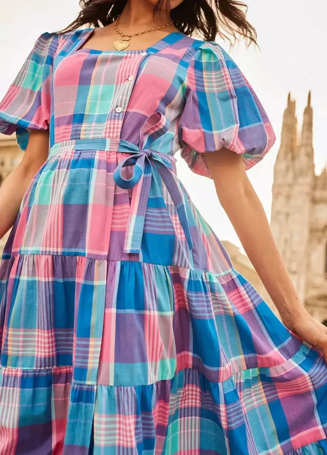 Bohemian Traders Midi Dress Blue/Pink Check Size 22 for rent on The Volte - main image