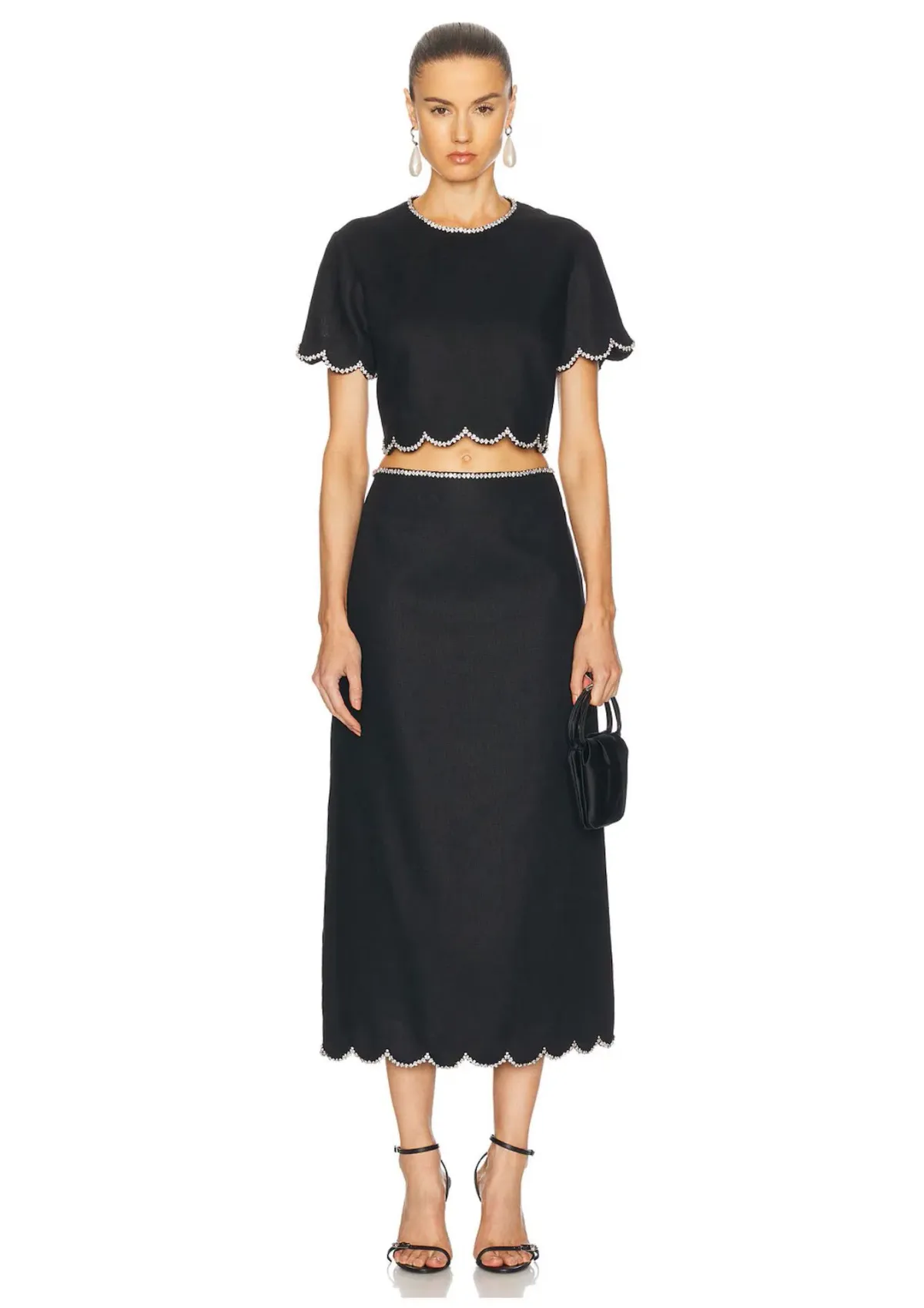 Zimmermann Crush Scalloped Top & Midi Skirt Set Black Size 0 / AU 8 - Image 1