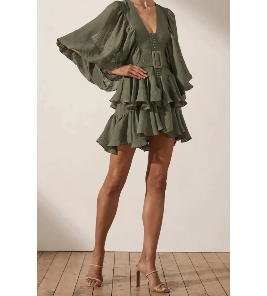 Shona Joy Charlotte Mini Dress Khaki Green Size AU 10 for rent on The Volte - main image