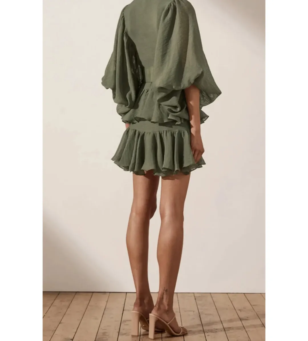 Shona Joy Charlotte Mini Dress Khaki Green Size AU 10 for rent on The Volte - main image