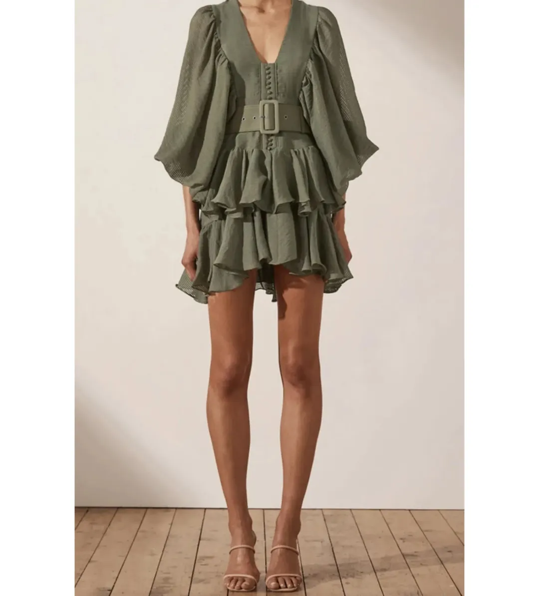Shona Joy Charlotte Mini Dress Khaki Green Size AU 10 for rent on The Volte - main image