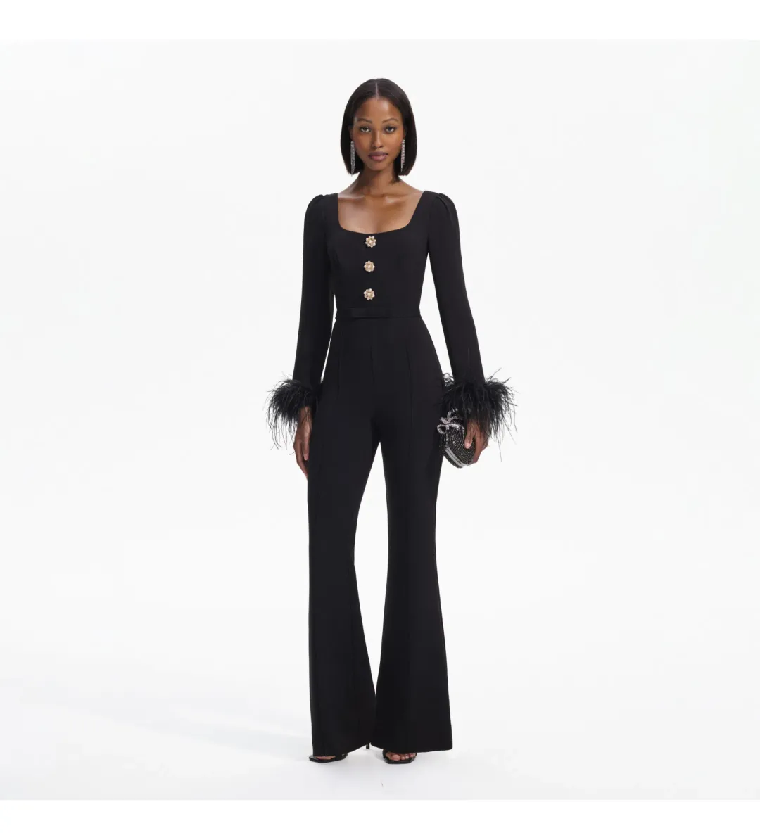 Self Portrait Crepe Feather Jumpsuit Black Size AU 8  for rent on The Volte - main image