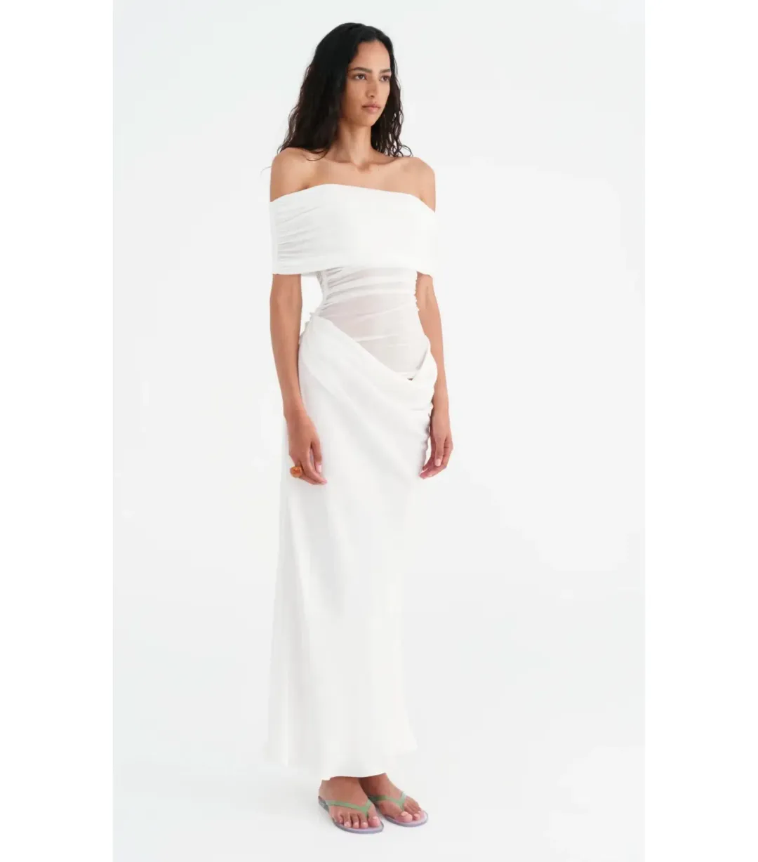 Benni Nico Off Shoulder Maxi Dress in White Size AU 12  for rent on The Volte - main image