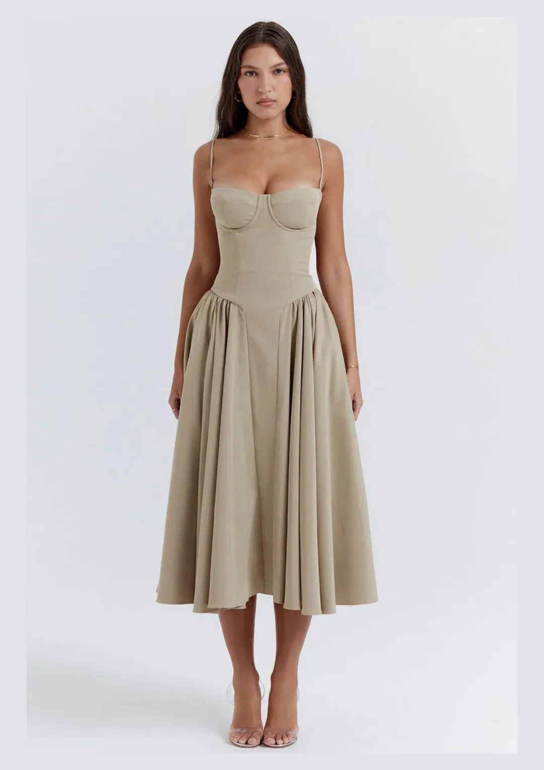 House of CB Samaria Corset Sun Dress Taupe Size 14 for rent on The Volte - main image