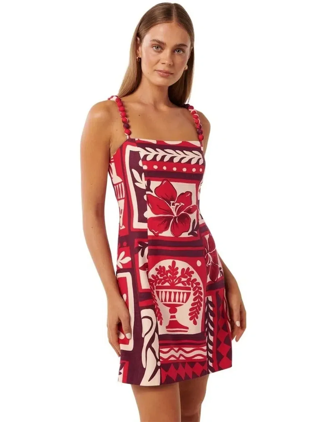 Forever New Sasha Strappy Printed Linen Mini Dress Athena Tile Size 10 for rent on The Volte - main image