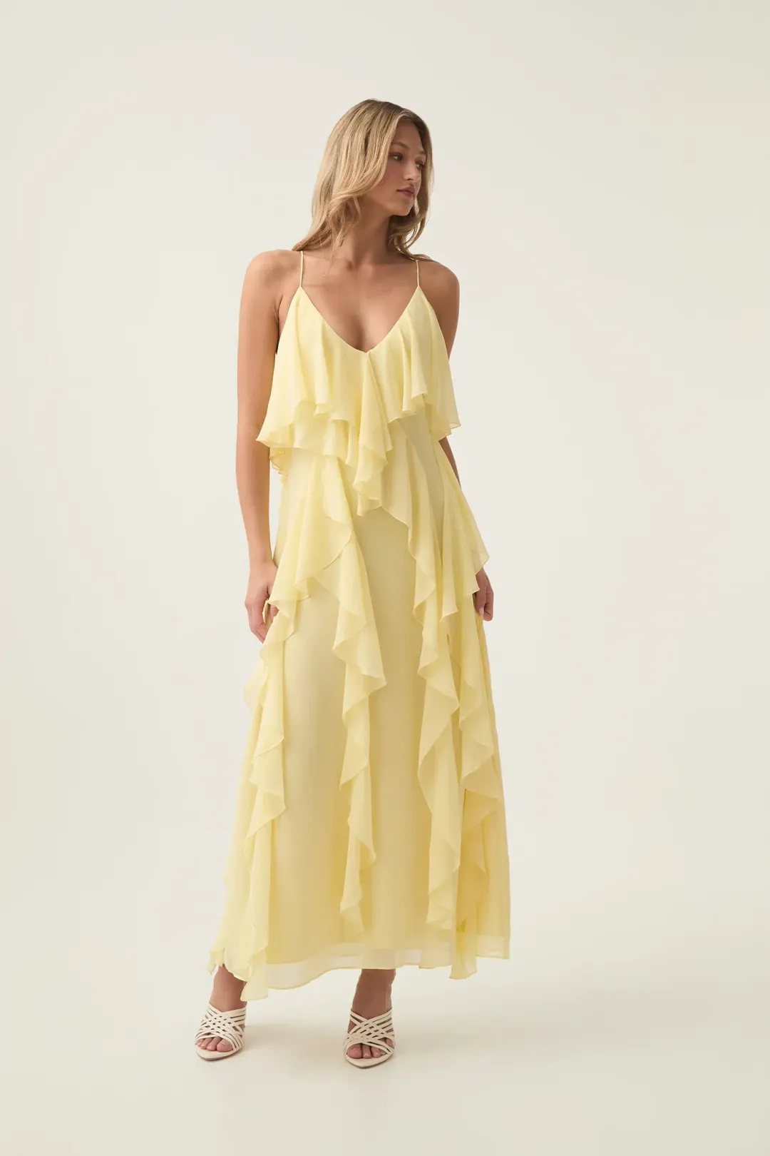 Aje Valentine Frill Maxi Dress Acacia Yellow Size AU 8 for rent on The Volte - main image