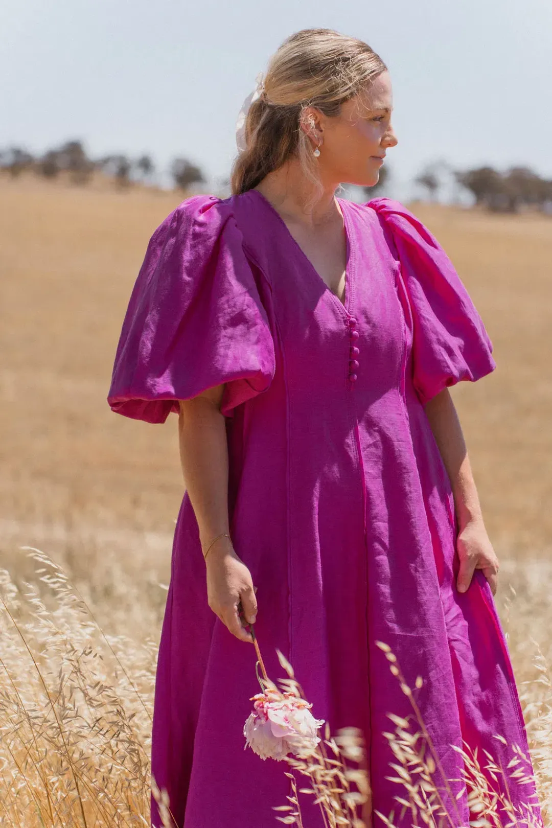 Aje Dusk Puff Sleeve Midi Dress Deep Magenta Size AU 16 for rent on The Volte - main image