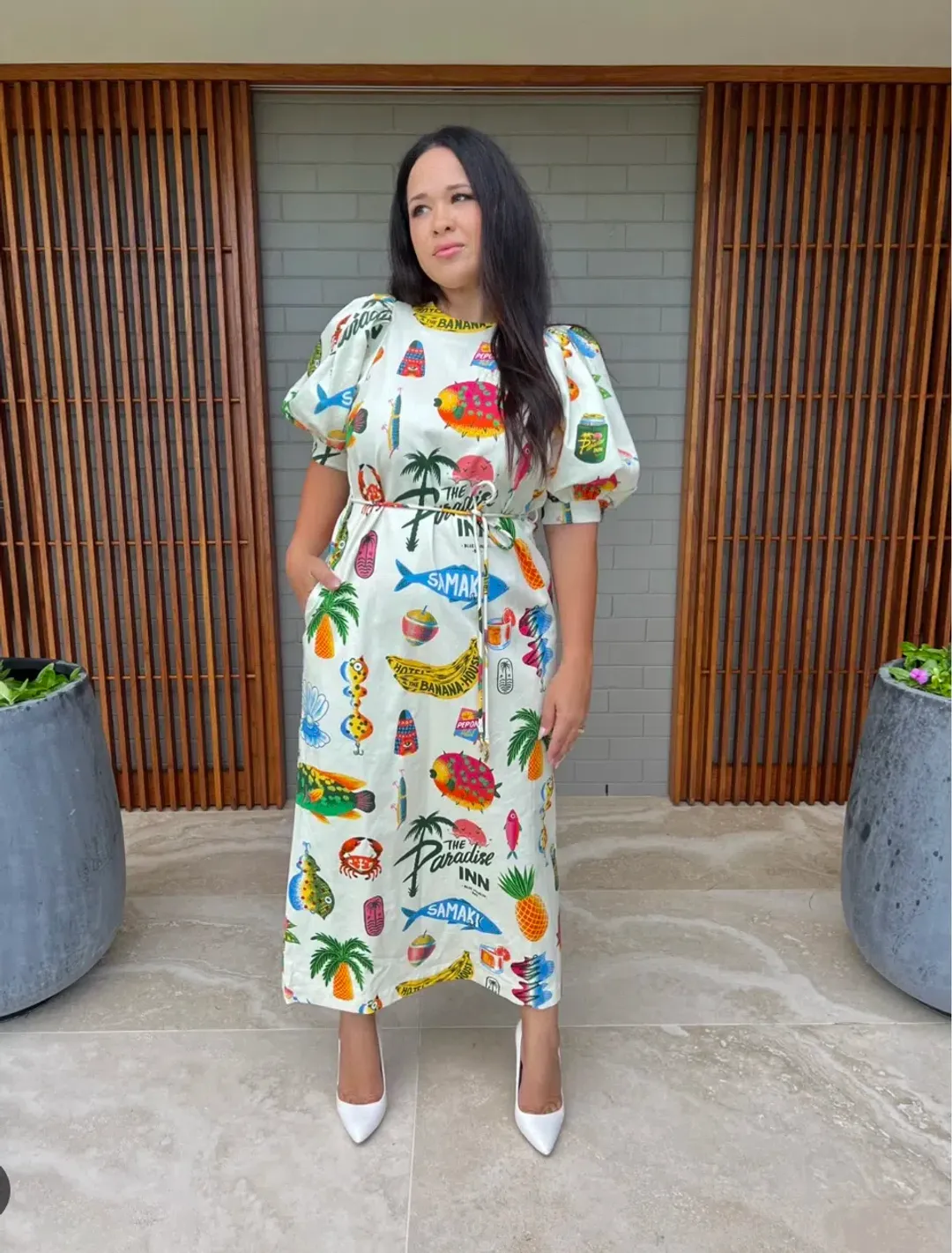 Alémais Samaki Puff Sleeve Midi Dress Print Size AU 12   for rent on The Volte - main image