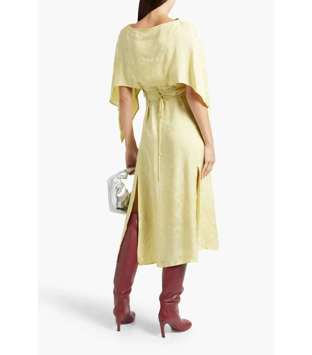 Acne Studios Cape-effect Cupro-blend Jacquard Midi Dress Yellow Size AU 6 for rent on The Volte - main image