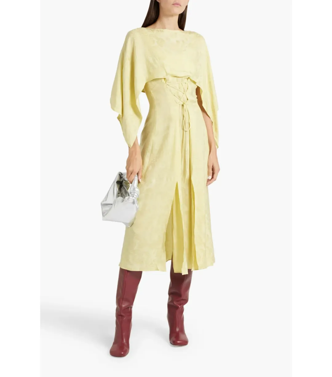 Acne Studios Cape-effect Cupro-blend Jacquard Midi Dress Yellow Size AU 6 for rent on The Volte - main image