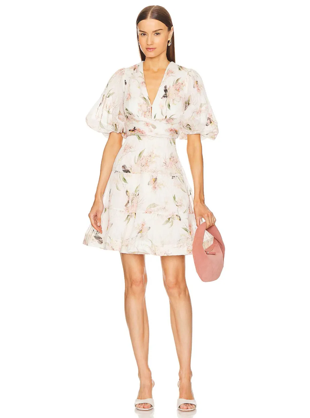 Zimmermann Pleated Mini Dress Coral Birds Print Size 3 / AU 14 for rent on The Volte - main image