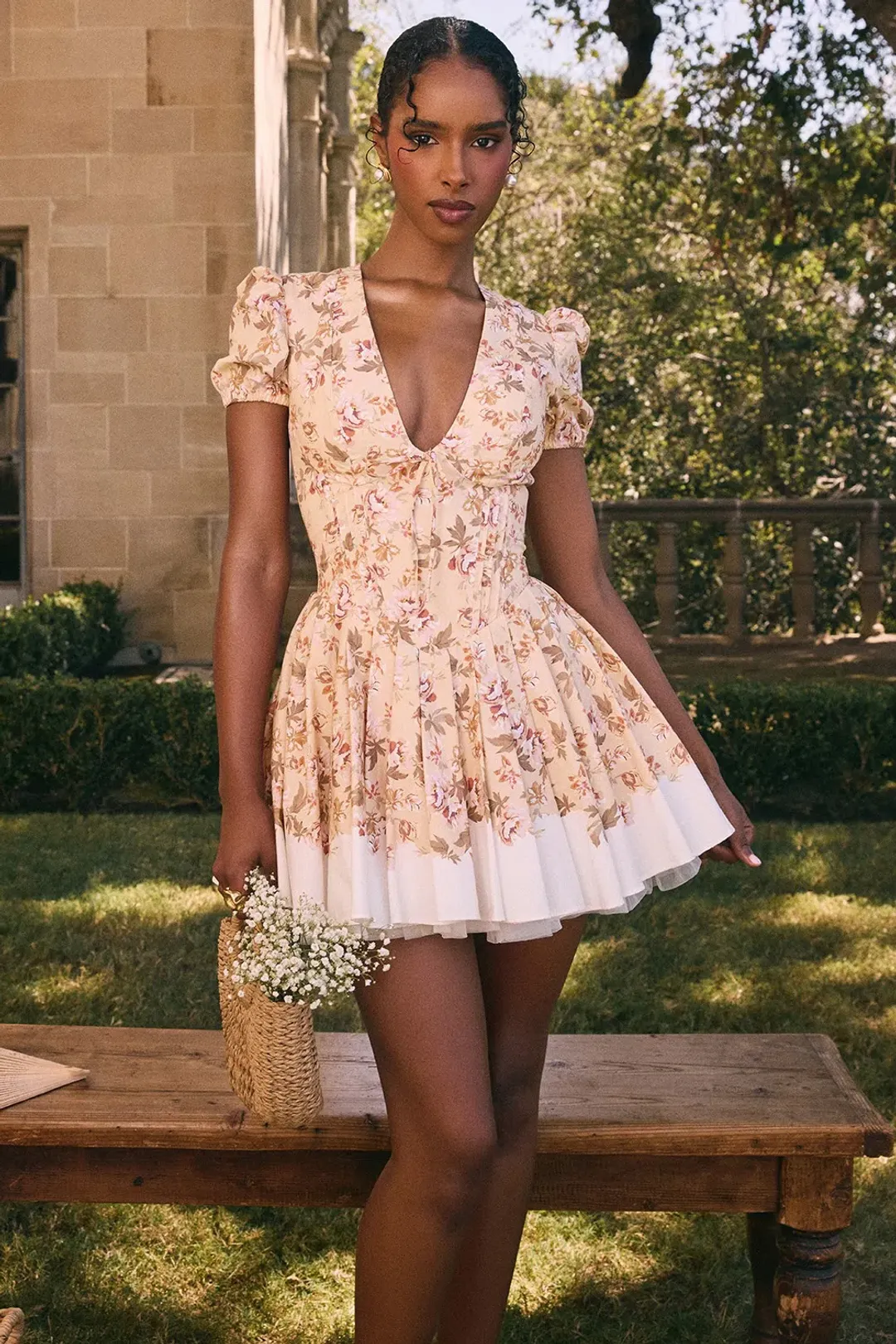 House of CB Imani Pleated Cotton Mini Dress Honeyflower Print Size XS / AU 6 for rent on The Volte - main image