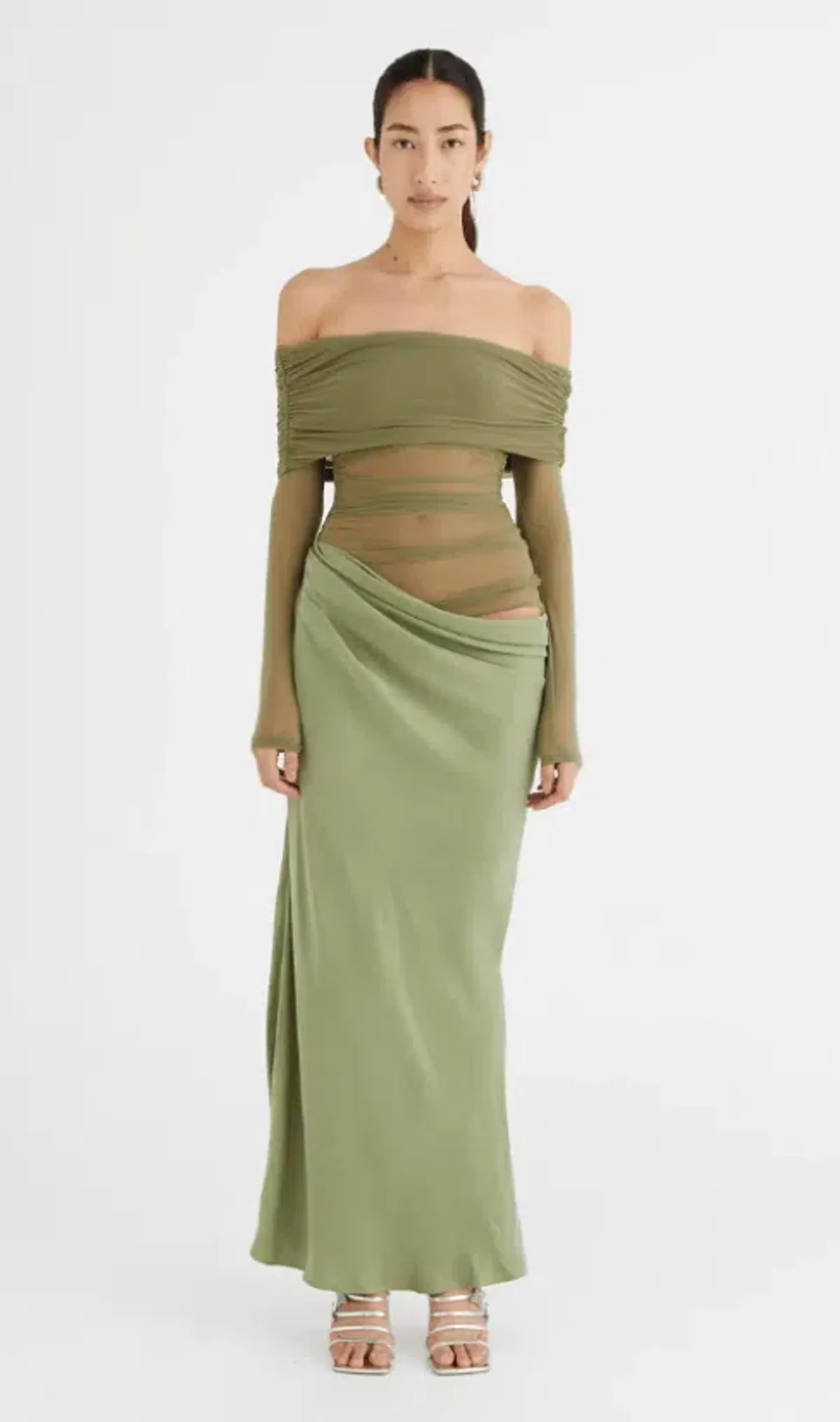Benni Yasmin Off Shoulder Maxi Dress Pistachio Size 8 - Image 1
