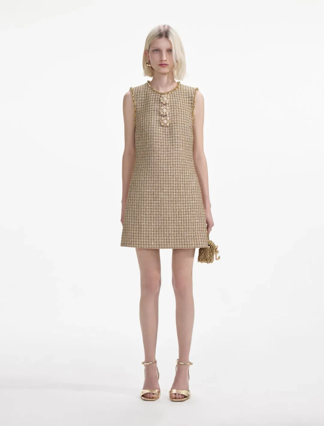Self-Portrait Boucle Embellished Mini Dress Gold Size AU 10 for rent on The Volte - main image