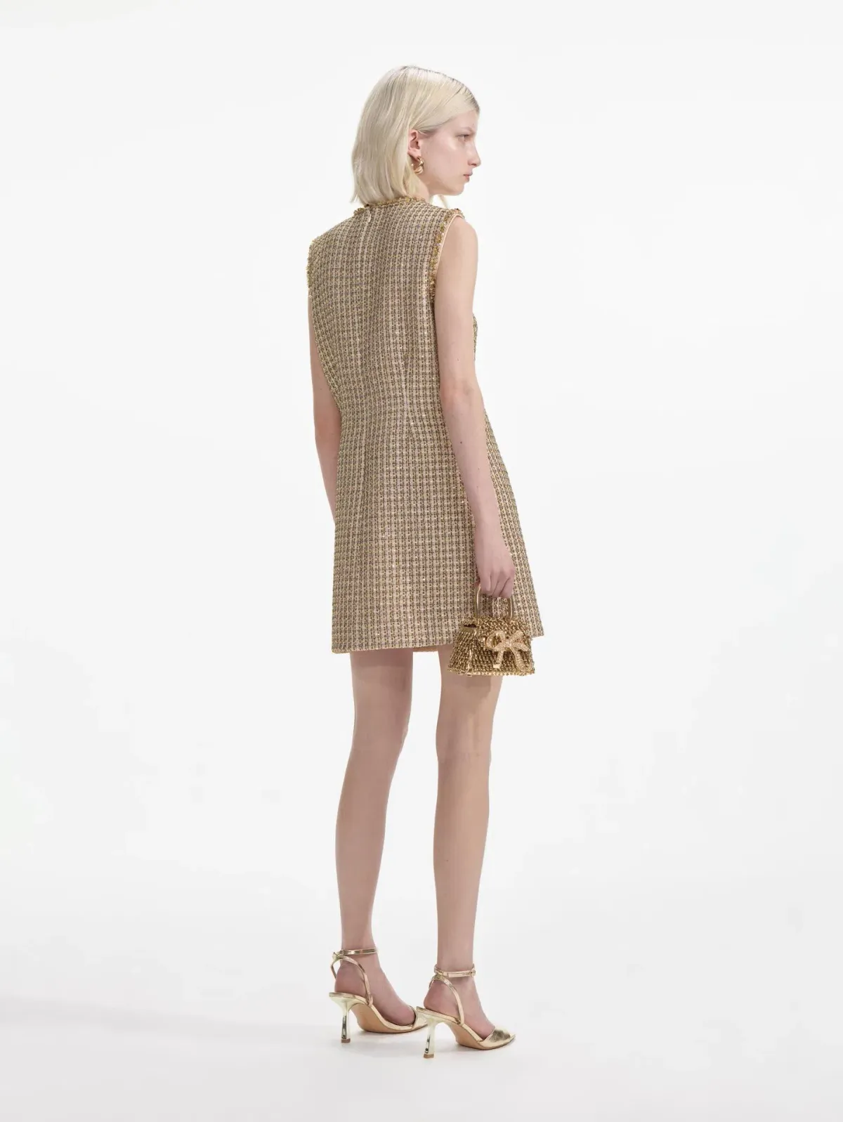 Self-Portrait Boucle Embellished Mini Dress Gold Size AU 10 - Image 3