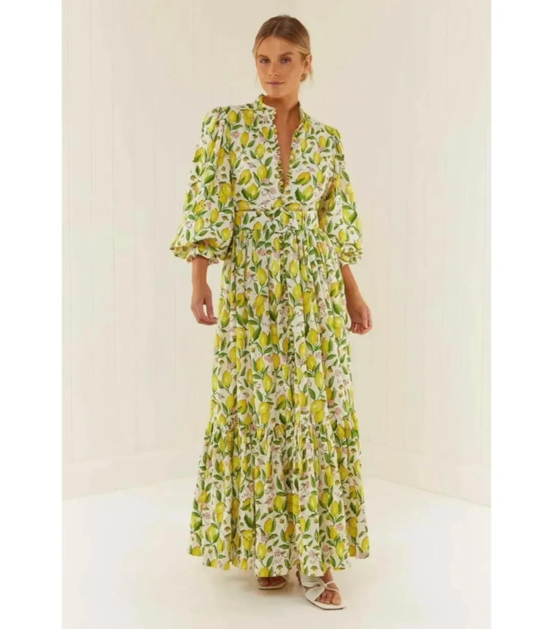 Palm Noosa Royal Flush Dress Lemon Print Size AU 12  for rent on The Volte - main image