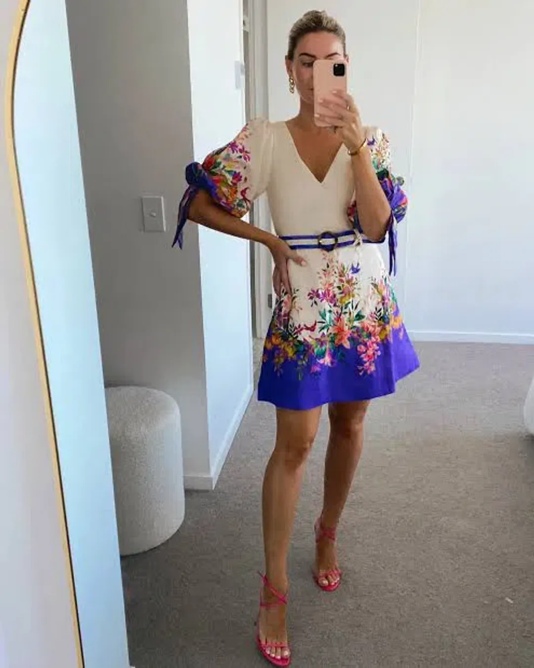 Zimmermann Tropicana Tie Sleeve Mini Dress Blue Floral Print Size 3 / AU 14 for rent on The Volte - main image