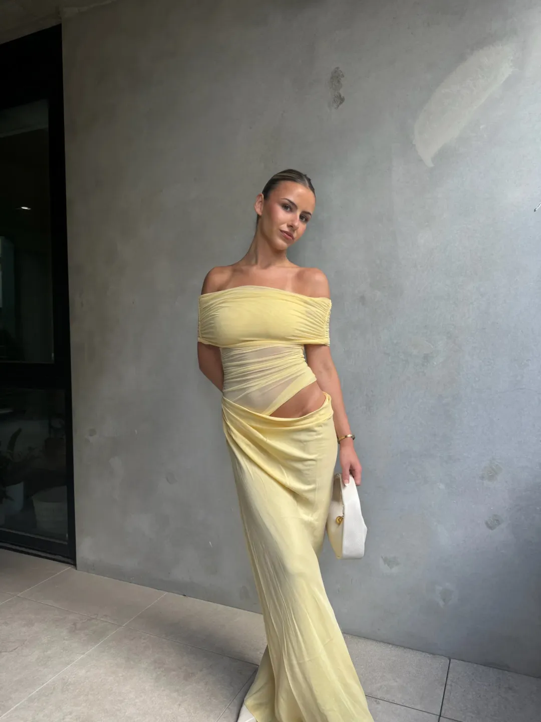Benni Nico Off Shoulder Maxi Dress Butter Size 8 for rent on The Volte - main image