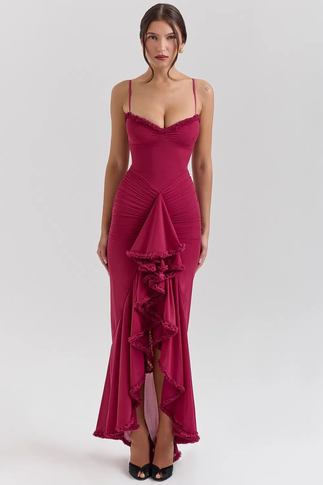 House of CB Gabbi Ruffled Front Gown Wine Size XS / AU 6 for rent on The Volte - main image