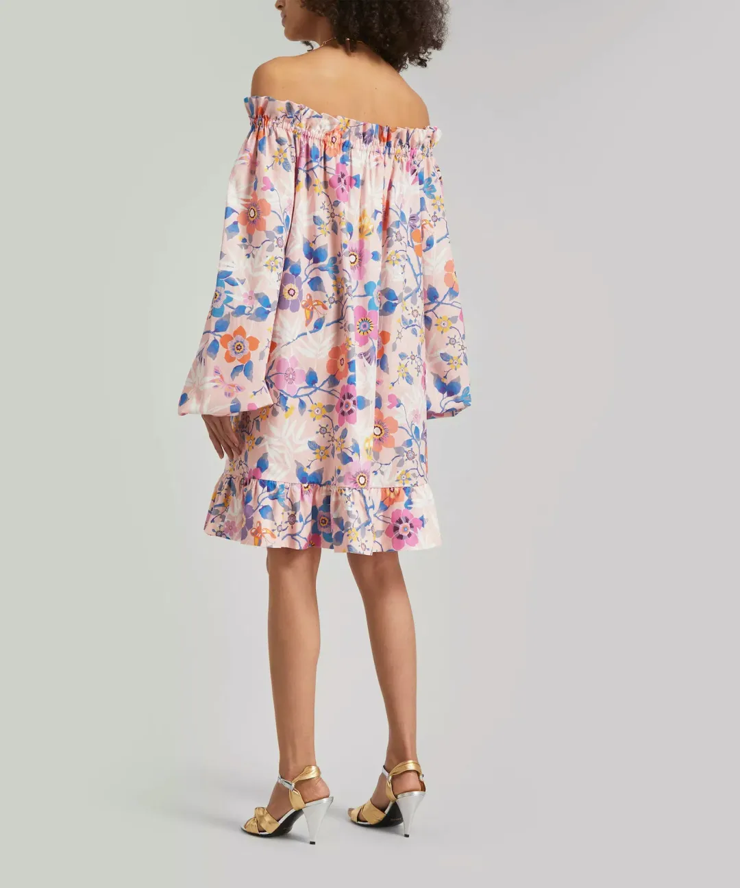 The Vampire’s Wife Mini Mob Off Shoulder Floral Print Slub Linen And Cotton Blend Dress in Baby Pink Size AU 10 for rent on The Volte - main image