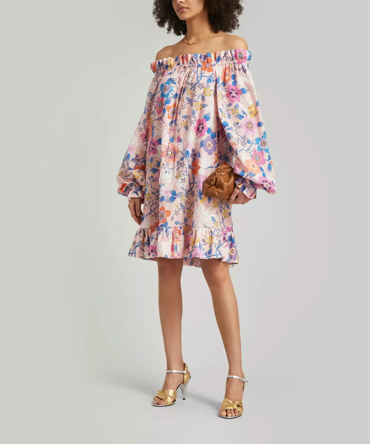 The Vampire’s Wife Mini Mob Off Shoulder Floral Print Slub Linen And Cotton Blend Dress in Baby Pink Size AU 10 - Image 2