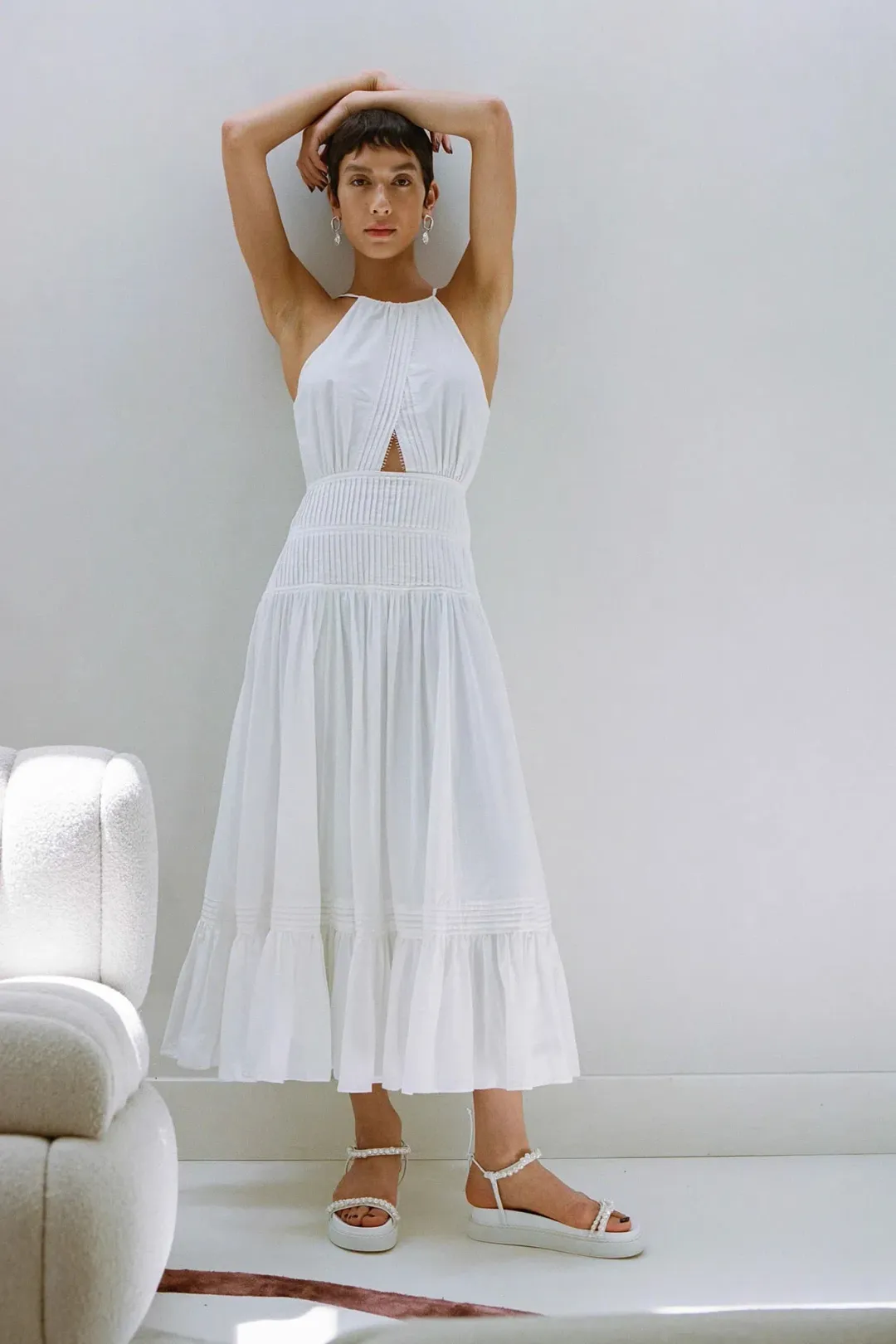 Aje Renata Eyelash Midi Dress Ivory Size 8 for rent on The Volte - main image