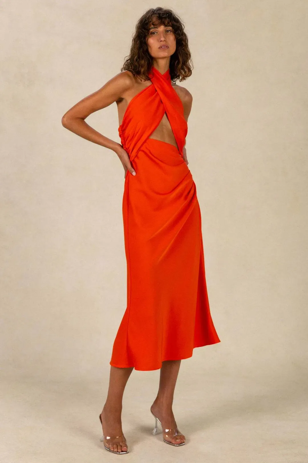 Misha Linnea Satin Midi Dress Orange Size 8 for rent on The Volte - main image