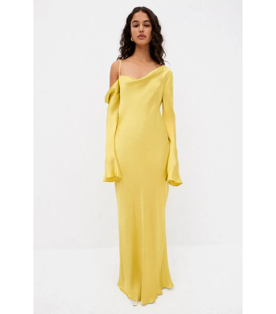 Shona Joy Sofia Asymmetrical Long Sleeve Maxi Dress Lime Size AU 8 for rent on The Volte - main image