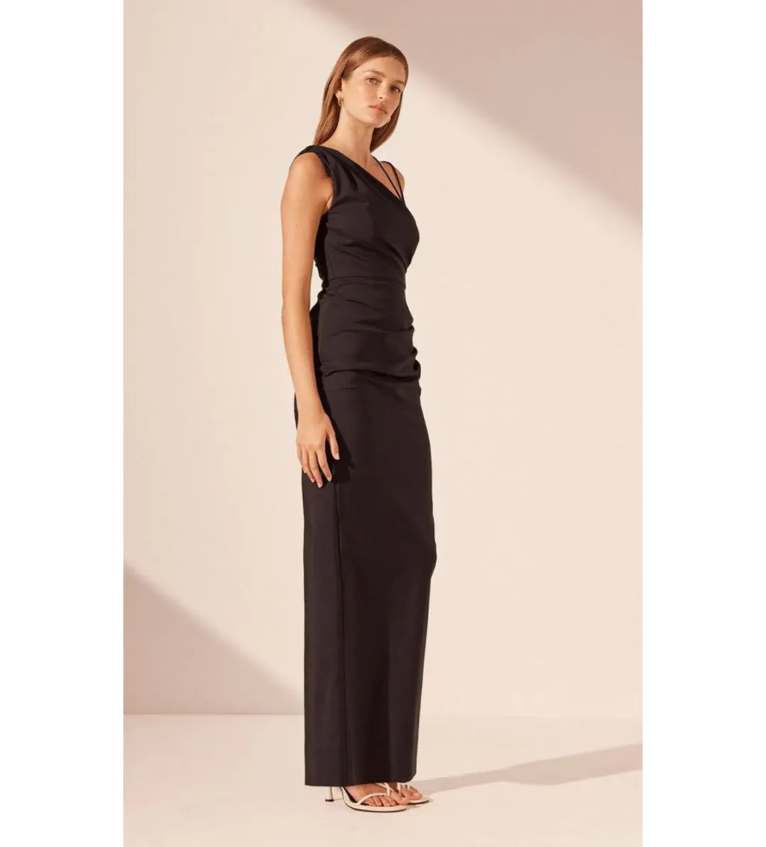 Shona Joy Lani Asymmetrical Gathered Maxi Dress Black Size AU 12 for rent on The Volte - main image