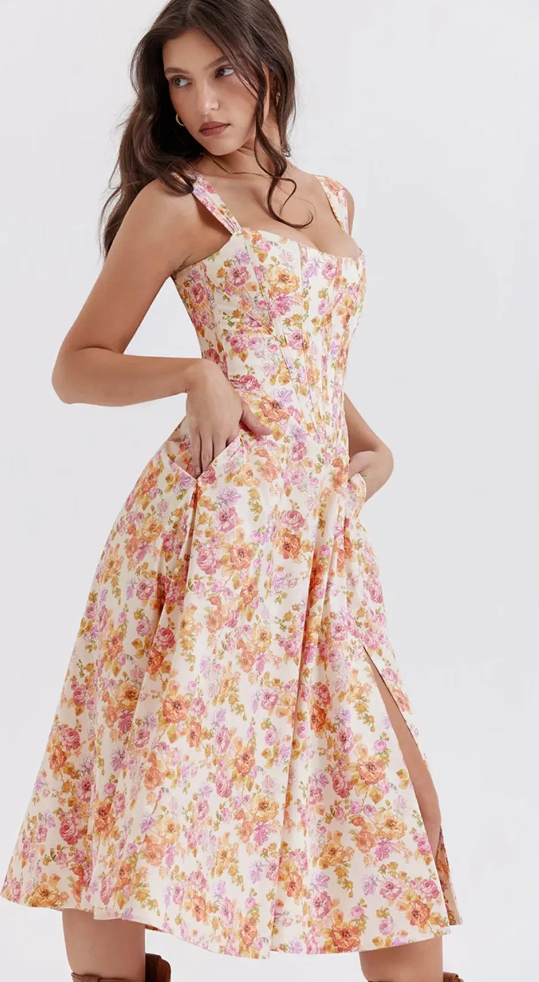 House of CB Saira Midi Sundress in Ivory Floral Size L for rent on The Volte - main image