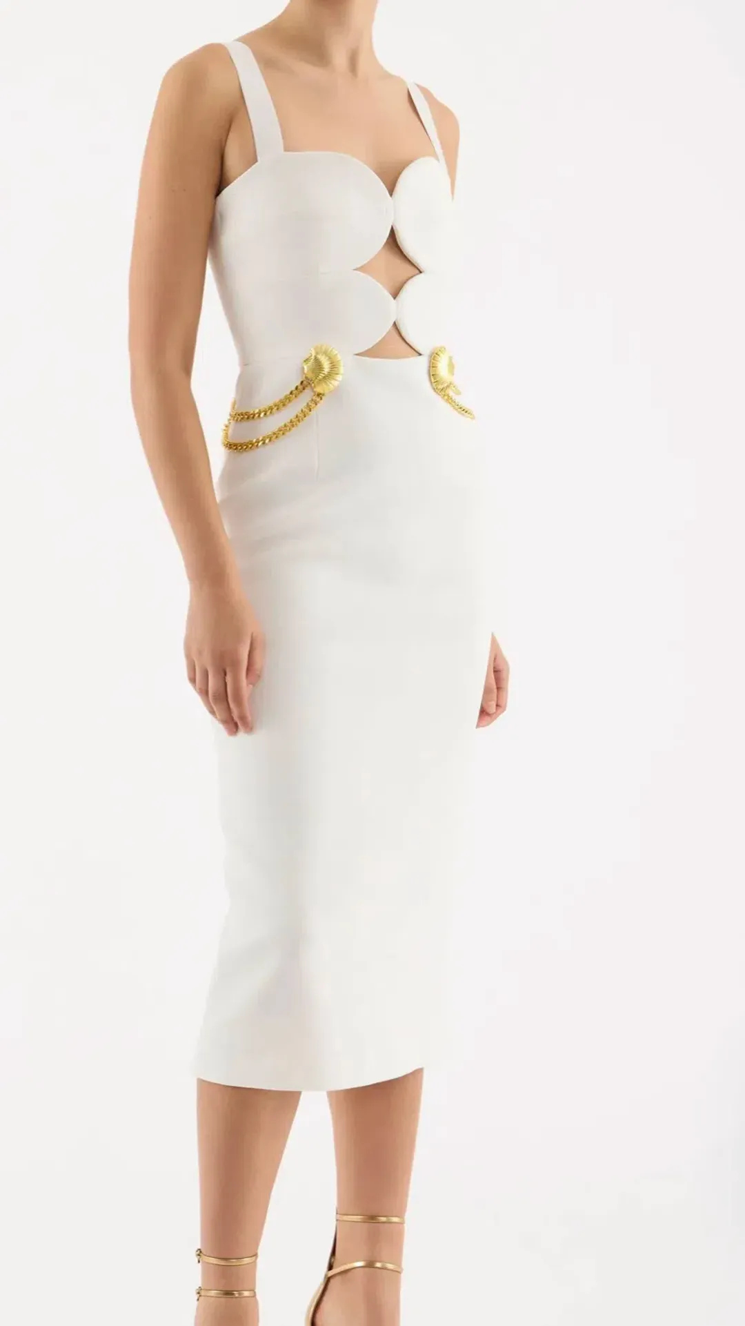 Rebecca Vallance Chelsea Gold Shell Detail Midi Dress White Size 6  for rent on The Volte - main image