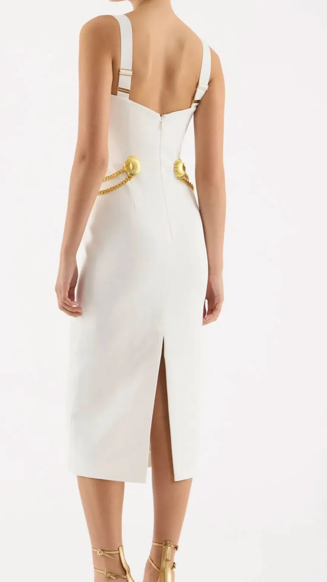 Rebecca Vallance Chelsea Gold Shell Detail Midi Dress White Size 6  for rent on The Volte - main image