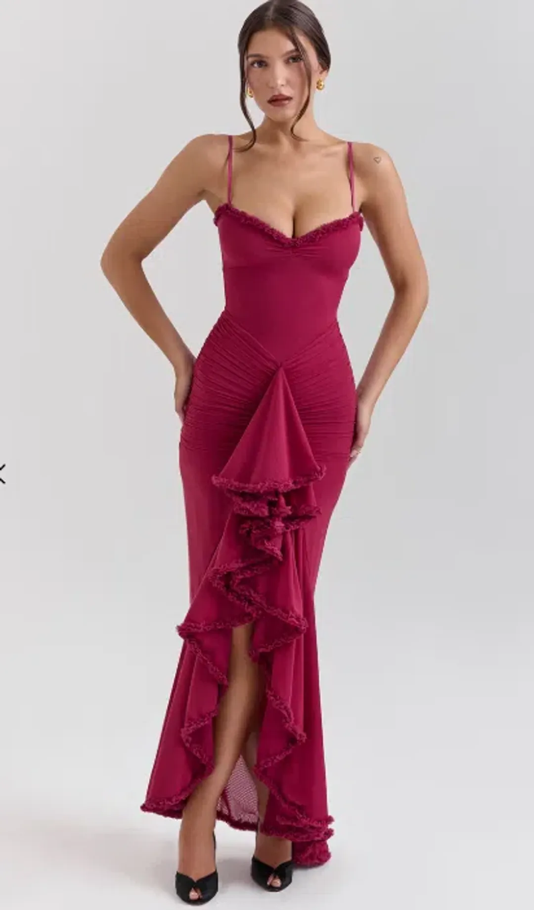 House of CB Gabbi Ruffled Front Gown Wine Size 10 for rent on The Volte - main image