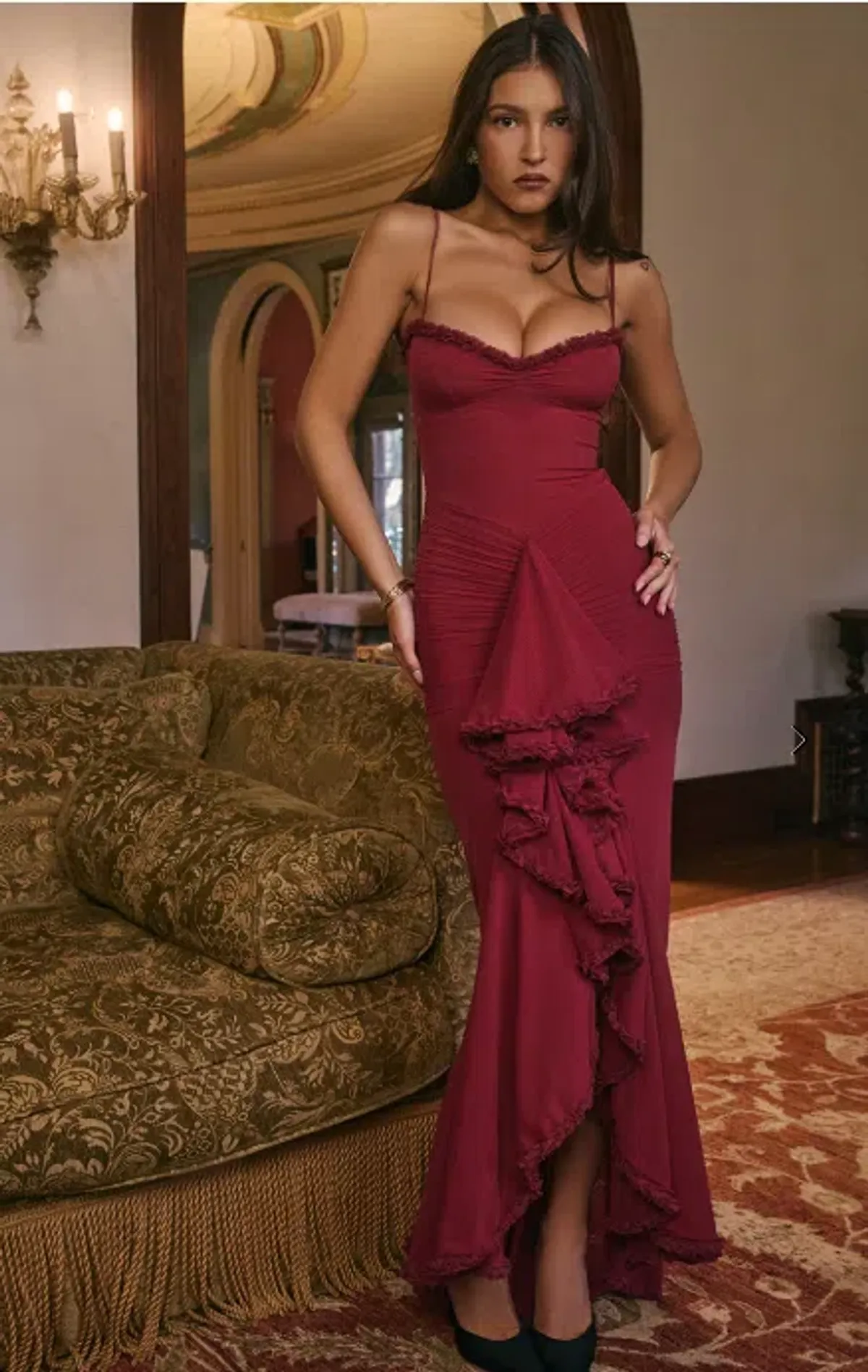 House of CB Gabbi Ruffled Front Gown Wine Size 10 - Image 2