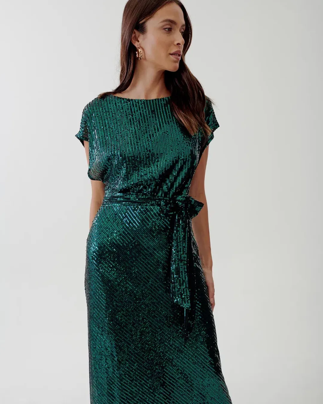Tussah Selia Boat Neck Midi Dress Emerald Green Sequin Size 10 for rent on The Volte - main image