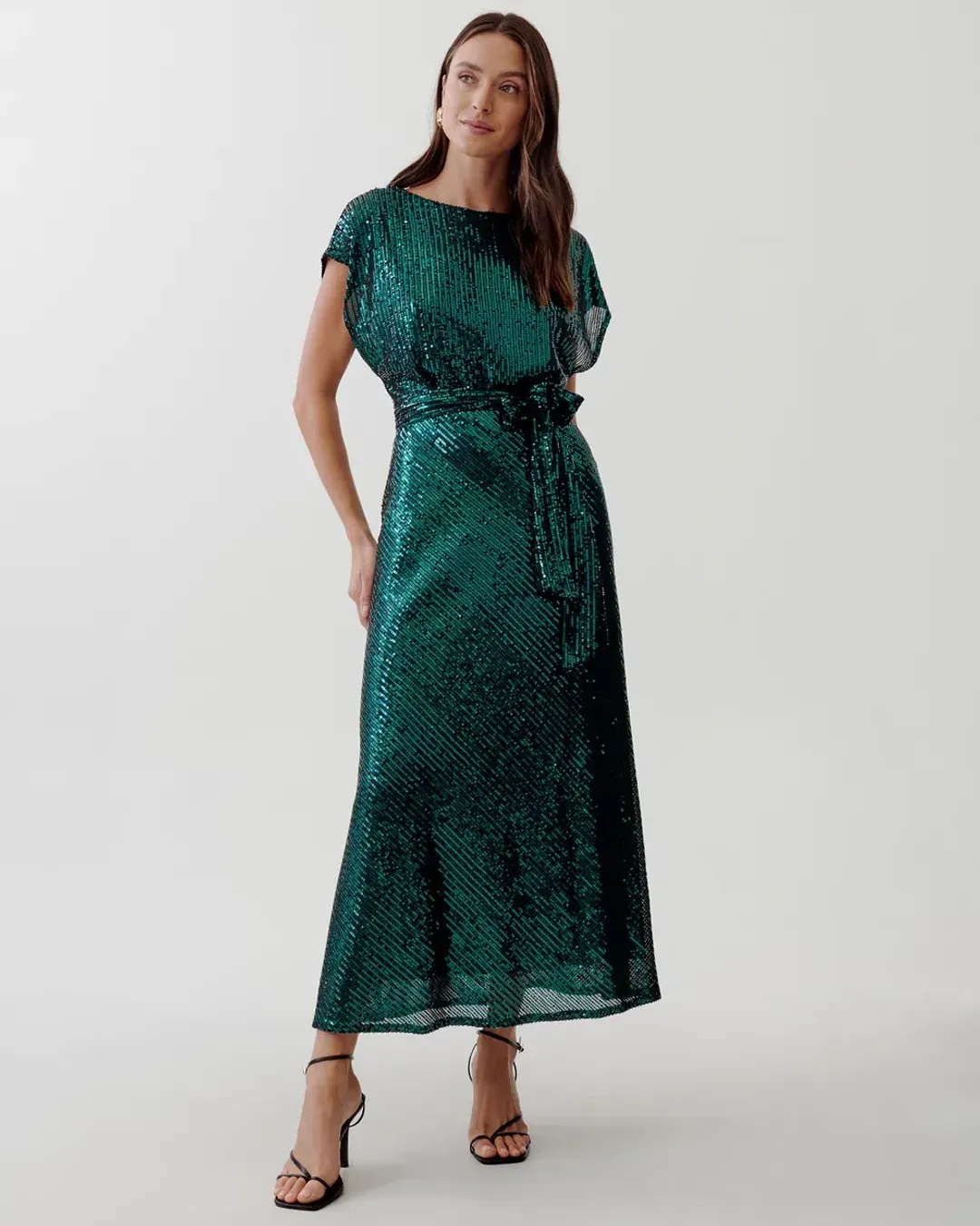 Tussah Selia Boat Neck Midi Dress Emerald Green Sequin Size 10 for rent on The Volte - main image