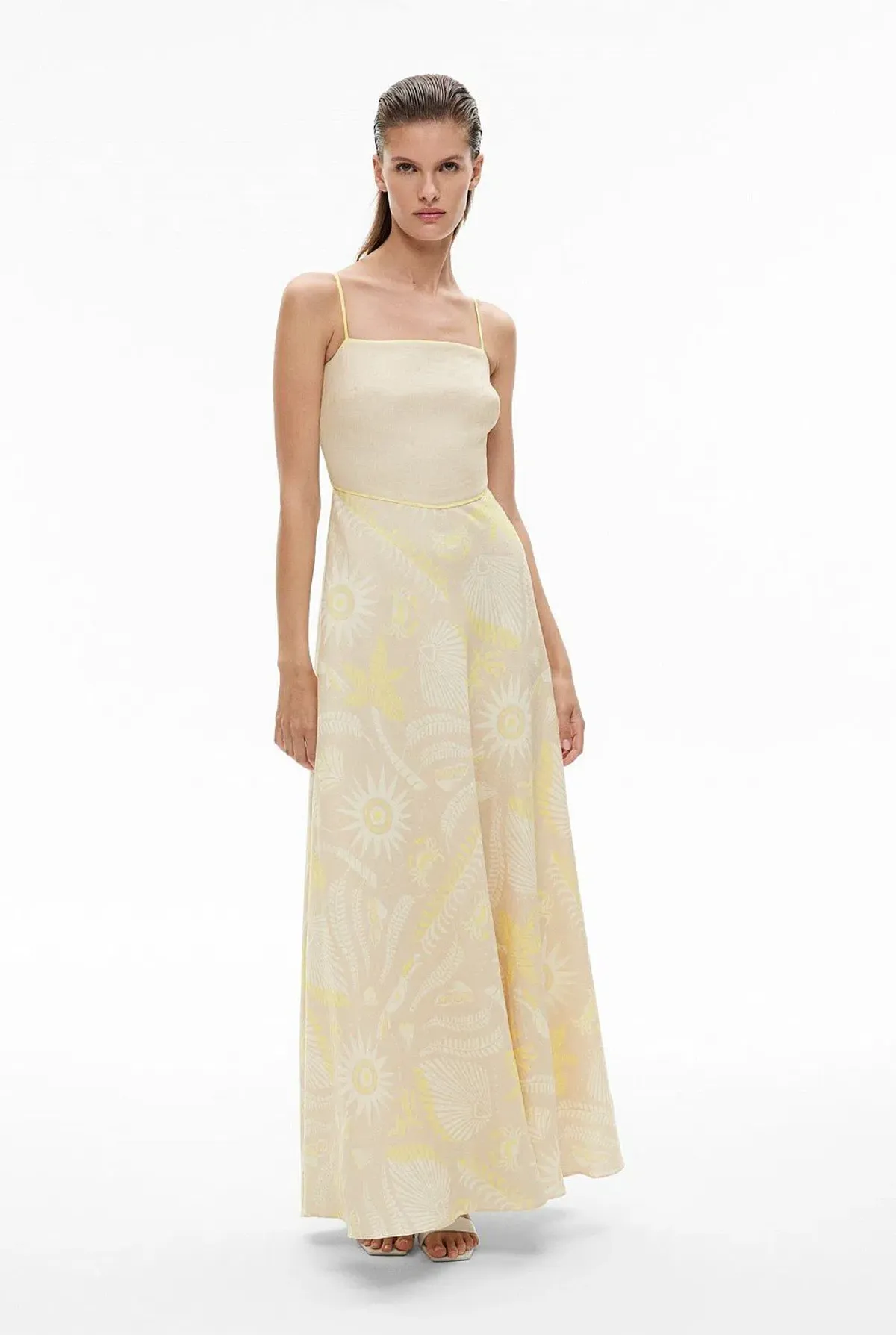 Witchery Cut Out Bodice Linen Maxi Dress Stone Print Size 10 - Image 1