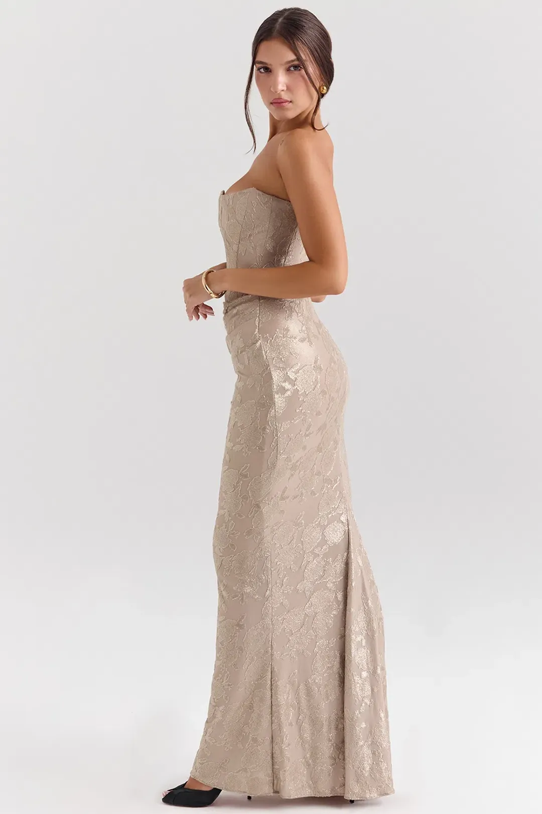 House of CB Persephone Chiffon Mesh Strapless Corset Maxi Dress Pale Gold Size S / AU 8 for rent on The Volte - main image