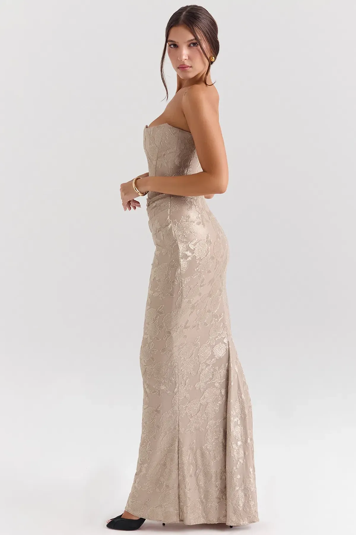 House of CB Persephone Chiffon Mesh Strapless Corset Maxi Dress Pale Gold Size S / AU 8 - Image 4