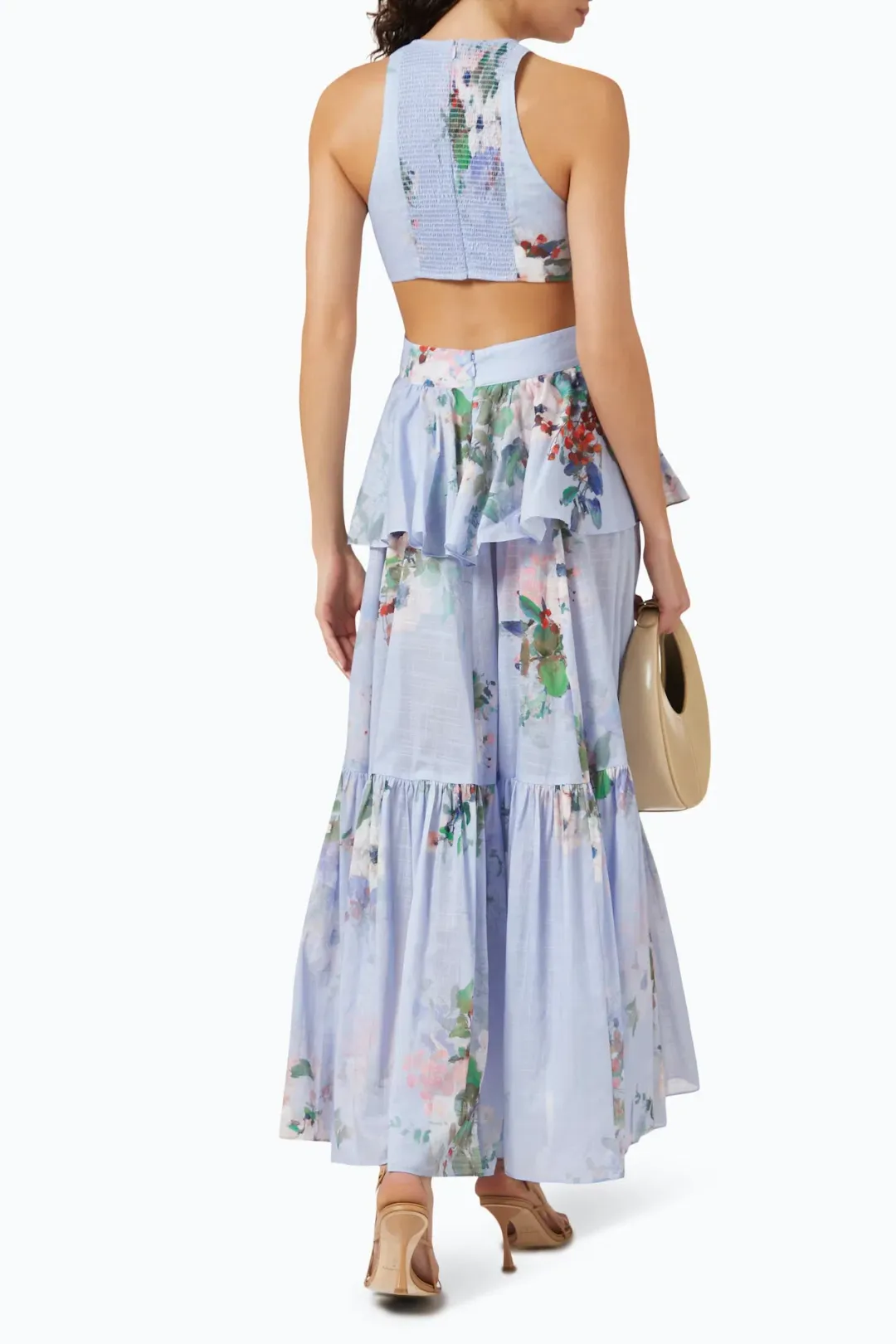 Zimmermann Everley Draped Bow Midi Dress Light Blue Watercolour Floral Size 0 / AU 8 for rent on The Volte - main image