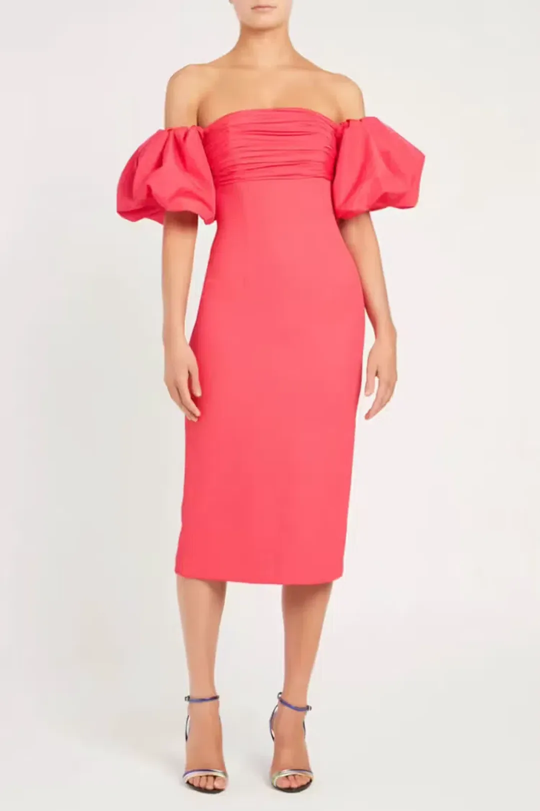 REBECCA VALLANCE CAITLIN OFF THE SHOULDER MIDI DRESS CORAL PINK SIZE 8 for rent on The Volte - main image